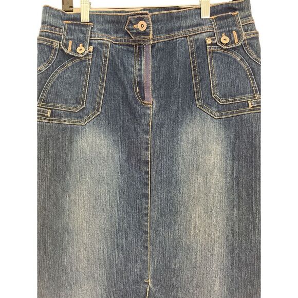 U.S.A. Brand Vintage Denim Midi Skirt with Front Pockets and Slit 12/14 - Picture 2 of 7